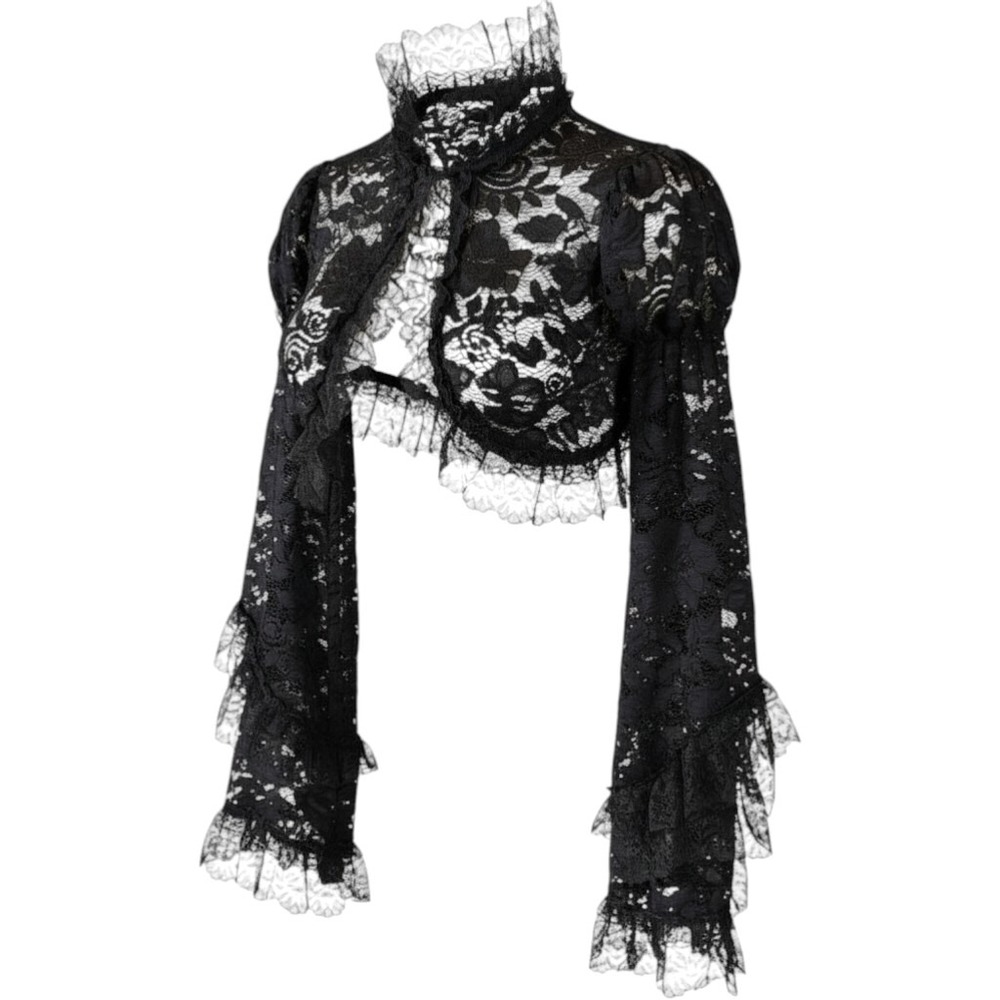 Black Floral Lace Bolero Shrug Flared Bell Sleeve Ruffle Collar Crop Jacket